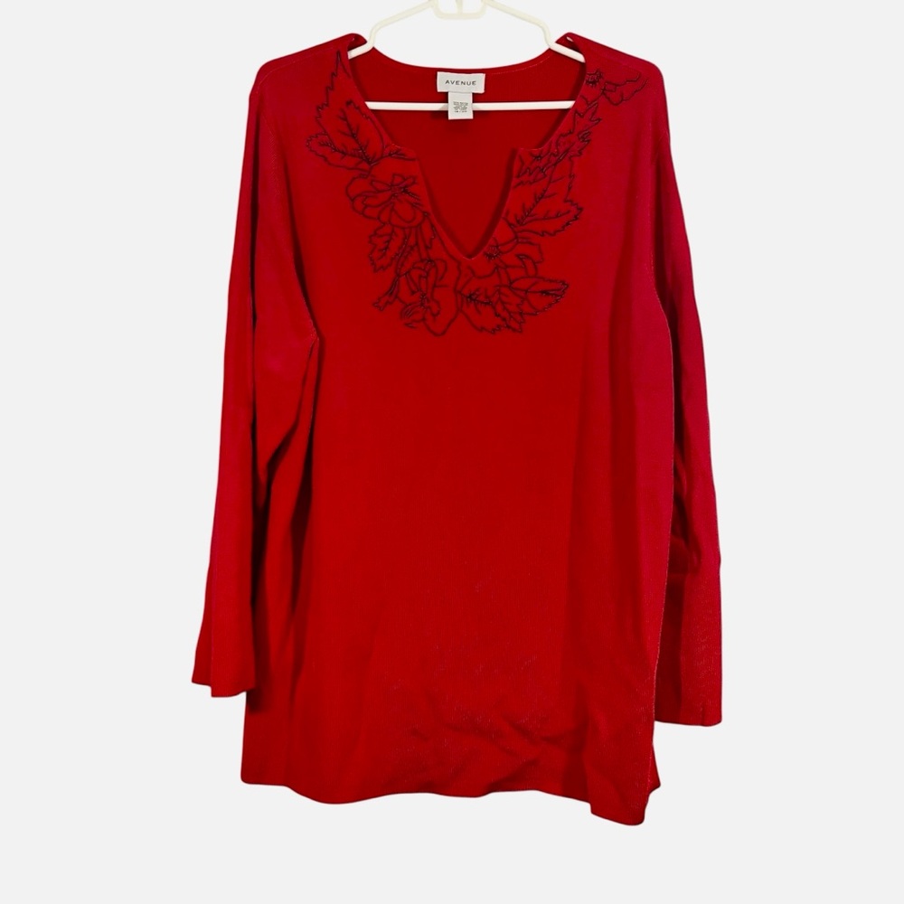 Avenue Red Embroidered Long Sleeve Top